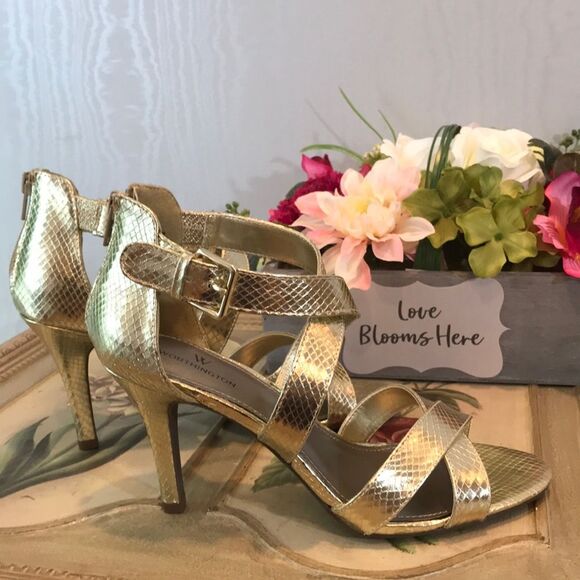 Worthington Gold Snakeskin Strappy Heels Wedding Formal Date Prom 8.5 New in Box - Picture 8 of 9